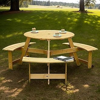 6 Person Wood Picnic Table, Outdoor Round Picnic Table with 3 Built-in Benches, Umbrella Hole, Outside Table and Bench Set for Patio, Backyard, 500lbs Capacity Per Bench (Nature, 6 Person)