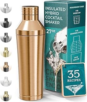 Insulated Cocktail Shaker Set | Double Wall Stainless Steel | Martini Shaker for Home Bar Bartending | Built-in Drink Measure System & Strainer, Travel Bag, Recipes | Gift Set (Copper)