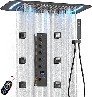 Matte Black Shower System 5 Way Digital Dissplay Shower Faucet Set with 16X26 inch Ceiling Shower(Rain&Water Column&Mist 3 Modes), with Handheld Spray and 6 PCS Body Jet