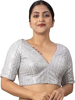 Women's Sequin Embroidered V Neck Elbow Half Sleeve Readymade Saree Blouse Indian Ethnic Designer Stitched Plus Size Top Padded Lavender Pink Blue Silver Black Gold Red Green | E1