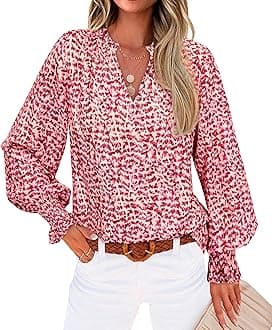 MASCOMODA Womens V Neck Floral Long Sleeve Tops 2026 Summer Casual Loose Puff Sleeve Chiffon Boho Work Blouse Dressy T Shirts