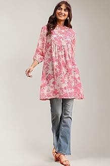 Janasya Women's Cream & Pink Silk Blend Floral Printed A-line Tunic