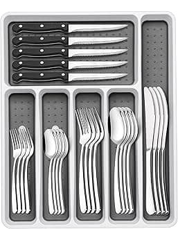 49-Piece Silverware Set with Organizer, Heavy Duty Stainless Steel Flatware Set for 8, Cutlery Utensil Sets with Steak Knives, Rust-proof, Mirror Polished, Dishwasher Safe, Heavy Duty
