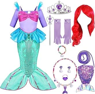 Spooktacular Creations Girls Mermaid Costume, Kids Mermaid Princess Fancy Dress Up Set with Red Wig and Headband for Halloween, Carnival, Party