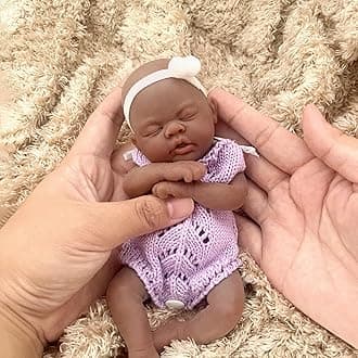 7" Reborn Baby Dolls Silicone Full Body Miniature Realistic Newborn Doll Lifelike Sleeping Closed Eyes Black Baby Girl Looks Real Doll with Gift Box for Kids Birthday Gift