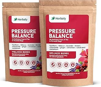 Herbaly Pressure Balance Tea - 9 Superherbs - Pressure, Cholesterol, Cardiovascular Health, Circulatory System - Natural, Organic, Non-GMO, Caffeine-Free, Sugar Free - 2 Pack, 60 Pyramid Tea Bags