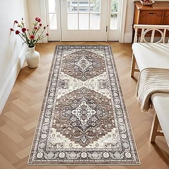 Washable 3x6 Hallway Area Rug: Vintage 6ft Water Resistant Soft Runner Rug for Entryway Kitchen Non Slip Wide Low Pile Carpet for Living Room Bedroom Thin Floor Mat for Bathroom Dining Room(Brown,3x6)