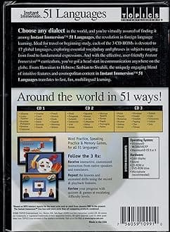 Instant Immersion 51 Languages - 3 CD-ROMs. Alabian, Arabic (Egyptian), Brazilian Portuguese, Burmese, Cantonese, Croatian, Czech, Danish, Dutch, Estonian, Finnish, French, German, Greek, Gujarati, Hawaiian, Hebrew, Hindi, Hungarian, Icelandic, Indonesian, Irish, Italian, Japanese, Korean, Latvian, Lithuanian, Malay, Mandarin, Mexican Spanish, Navajo, Nepali, Norwegian, Pashto, Polish, Punjabi, Romanian, Russian, Serbian, Slovak, Slovenian, Swahili, Swedish,Tagalog, Thai, Tibetan, Turkish, Urdu, Vietnamese, Yiddish, and Zulu