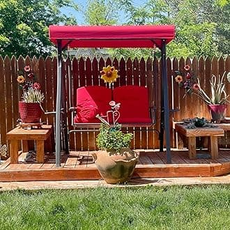 Outdoor Patio Porch Swing with Stand, 2-seat Swing Chair with Adjustable Tilt Canopy All-Weather Steel Frame for Backyard Front Porch Lawn, Cushions and Pillow Included, Terra