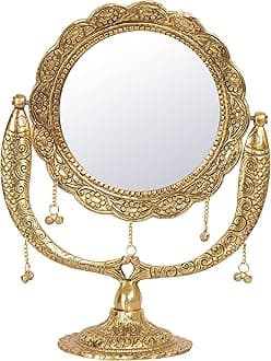 White Metal Table Mirror (33 cm x 2 cm x 40 cm, Gold)