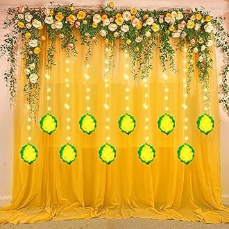 Party Propz Yellow Backdrop for Decorations with Ganpati Curtain Lights, Haldi Decoration Items for Home Decor, Backdrop Cloth for Decoration Pooja, Wedding Decor (3Pcs)(Net)