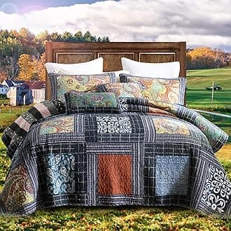 NEWLAKE Cotton Patchwork Bedspread, 3-Piece Bedding Quilt Set with Real Stitched Embroidery, Reversible Matelasse Bed Coverlet Set,Vintage Flowery Grid,Queen Size