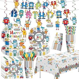 Robot Birthday Party Supplies, Let's Go Nuts Theme Robot Party Decorations for Birthday Baby Shower, Paper Plate, Cup, Napkin, Swirls, Banner, Tablecloth, Cutlery, Serves 24