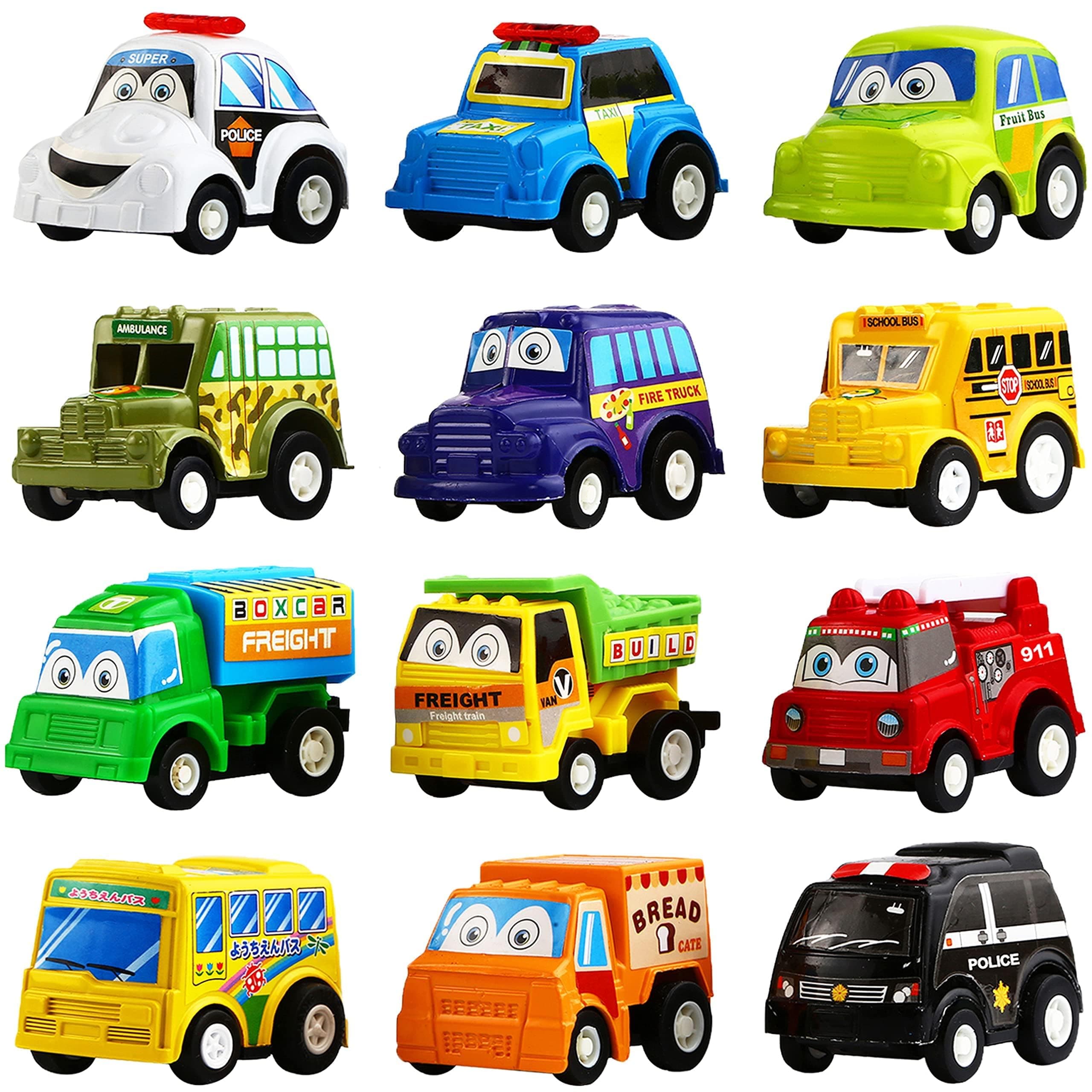 Funcorn Toys Pull Back Car, 12 Pack Assorted Mini Plastic Vehicle Set,Funcorn Toys Truck and Car for Boys Kids Toddler Party Favors,Die Cast Toy Play Set