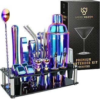 Mixology Bartender Kit – 24 Piece Rainbow Cocktail Shaker Set w/Stand – Essential Home Bar Accessories Martini Shaker, Jigger, Muddler, Chilling Cubes & More