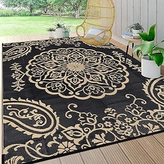 Pauwer Waterproof Outdoor Rug 8x10, Reversible Plastic Straw Patio Camping Rug, Indoor Outdoor RV Mat Carpet for Deck, Camper, Porch, Balcony, Backyard, Picnic, Boho Black Brown