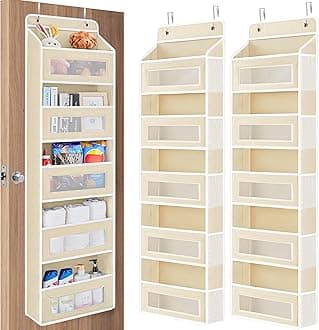 2 Pack Over The Door Organizer Storage, 5 Shelf Hanging Door Organizer with 5 Large Capacity Pockets, Anti Tilt 44 lb Load Behind Door Storage for Bedroom, Bathroom, Pantry, Nursery, (Beige)