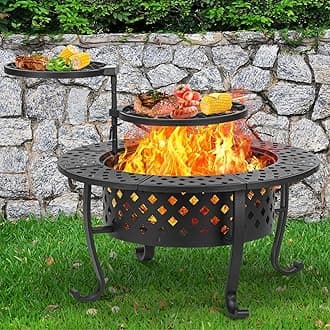 Panovue 36 Inch Fire Pit with 2 BBQ Grills, Wood Burning Fire Pits for Outside with Lid & Fire Poker, BBQ& Outdoor Firepit & Round Metal Table 3 in 1 for Patio, Picnic, Party