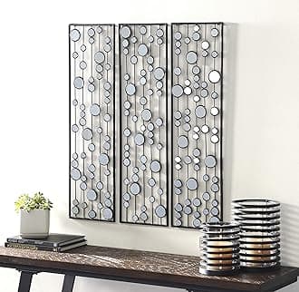 Deco 79 Metal Geometric Home Wall Decor Wall Sculpture with Round Mirror Accents, Set of 3 Wall Art 10"W, 36"H, Black