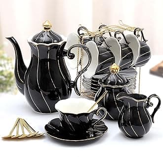 22 pcs Porcelain Tea Set for 6, Luxury British Style Tea/Coffee Cup Set with Golden Trim, Beautiful Tea Set for Women, Tea Party Set, Gift Package (Including a Stand) - Black