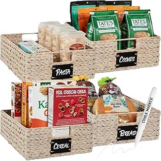 Set of 4 16x12in Large Water Hyacinth Pantry Baskets, Woven Organizers w/Chalkboard Label, Chalk Marker - White
