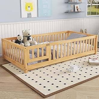 Bellemave Twin Floor Bed Frame with Slats and Safety Guardrail, Wood Twin Size Montessori Floor Bed with Door and Fence, Easy Assemble Montessori Beds for Kids, Girls, Boys, Natural
