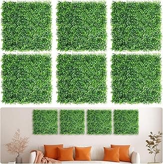 Aboofx Grass Wall Panels, 6 Pack 20x20in Artificial Boxwood Faux Green Wall with 100 Zip Ties for Interior Garden Party Wedding Backdrop Indoor Outdoor Plant Wall Decor