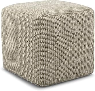 SIMPLIHOME Zelma Square Pouf – 18 inch Wide Upholstered PET Polyester Ottoman in Cream and Natural, Boho Indoor/Outdoor Footstool or Extra Seating for Living Room, Bedroom, or Patio, Assembled