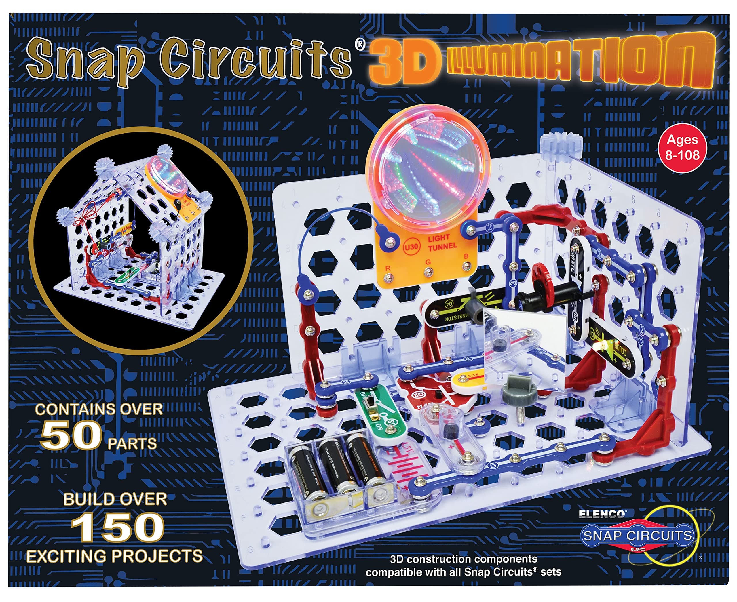 Snap Circuits 3D Illumination Electronics Exploration Kit | Over 150 STEM Projects | Full Color Project Manual | 50+ Parts | Educational Toys for Kids 8+