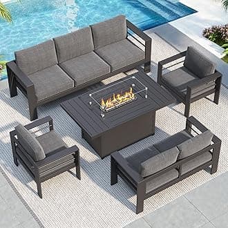 Solaste Aluminum Patio Furniture Set with 55" Fire Pit Table, 7 Seats Metal Outdoor Furniture with Water-Resistant Cushions, Modern Patio Conversation Set for Balcony, Front Porch, and Backyard, Grey