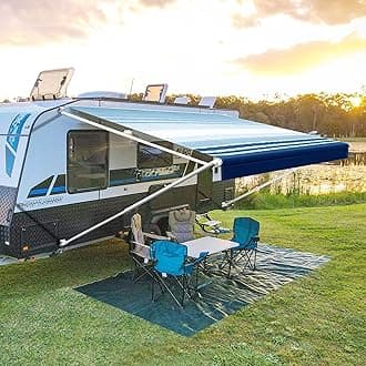 YESCAMP Manual RV Awning Complete Kit Retractable Camper Awning for RV or Trailers RV Roll Out Awning for Camper or 5th Wheel,Travel Trailers,Toy Haulers,Motohome(19Ft,White Frame,Blue Stripe)