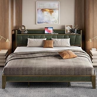 LIKIMIO King Bed Frame, Storage Headboard with Charging Station, Solid and Stable, Noise Free, No Box Spring Needed, Easy Assembly (Dark Green)