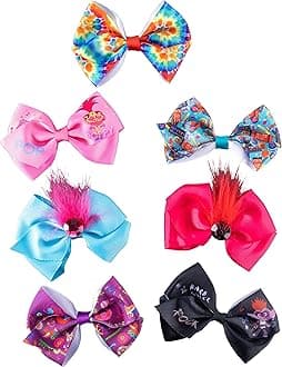 Kids' Trolls World Tour Hair Bow Clips for Girls - Hair Accessories for Birthday Gifts, Party Favors, Play Accessories - 7 Assorted Ribbon Barrettes, Ages 3 and Up