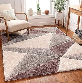 Modern Geometric 3D Textured Thick And Soft Shaggy Rectangular Rug & Galicha Carpet Mat (5X7 Feet - Medium Size M, Colour - Wine Silver)