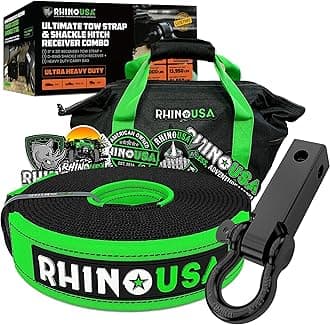RHINO USA COMBO Recovery Tow Strap (30ft) & Shackle Hitch Receiver - Lab Tested 31,518lb Break Strength - Heavy Duty Draw String bag Included - Triple Reinforced Loop End to Ensure Peace of Mind