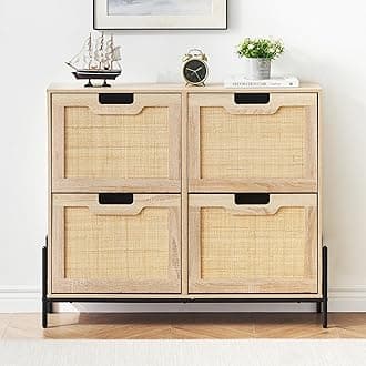 4 Flip Drawers Shoe Storage Cabinet, Rattan Shoe Organizer with Metal Legs, Freestanding Narrow Shoe Rack Cabinet for Entryway, Oak
