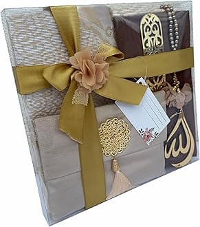 SAIKA Muslim Prayer Rug, 7 in One Gift Set, Prayer Mat Surah Book, Tasbeeh, Scarf, Surah Case, Bookmark, Car Mirror Hanger, Prayer Beads,Islamic Gift for Umrah, Hajj, Wedding, Janamaz (Gold)