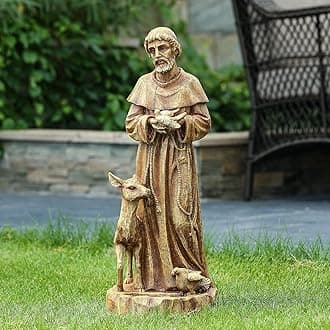 LuxenHöme 25" Fiber Stone Garden Art, Saint Francis Garden Figure, Saint Francis Outdoor Sculpture for Garden Patio Courtyard