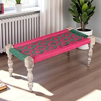 Ikiriya Oakville Sheesham Wood Vintage 2 Seater Maachi Bench/Charpai/Khatiya/Rajasthani Traditional Settees/Recamiers in Green & Pink Rope Canning for Living Room | Bedroom | Hallway| Balcony