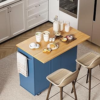 Rolling Kitchen Island Cart with Folding Drop Leaf Breakfast Bar, Portable Trolley Island with Large Storage Cabinet, Shelf and Drawer, Blue