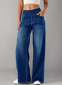 LaiEr Large Denim Wide Leg Pants for Women, High Waisted and Slimming with Multiple Pockets, Straight Tube, Loose fit, Cat Whisker, Marbling wash Craft, High Elasticity Casual Jeans