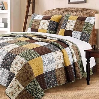 Cozy Line Home Fashions Andy Brown Quilt Bedding Set, 100% Cotton Striped Real Patchwork, Black Olive Country Style, Reversible Coverlet, Bedspread Set for Men/Women(Brown/Olive, Queen - 3 Piece)