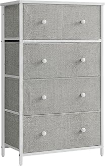 SONGMICS Chest of Drawers, Fabric 5-Drawer Storage Organiser Unit, Dresser, for Living Room, Hallway, Nursery, Light Grey and White LTS514L10