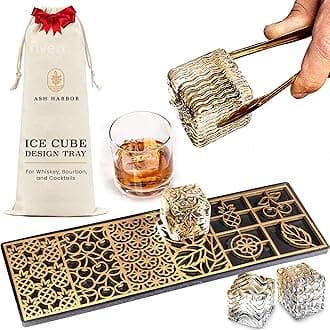 Clear Ice Cube Maker Design Tray - Craft Modern Ice Molds for Bourbon & Cocktails in 5 Seconds - Whiskey Mold Cube Stamp – Bartender Accessories - Copper Ice Press Cocktails by Ash Harbor (Botanicals)