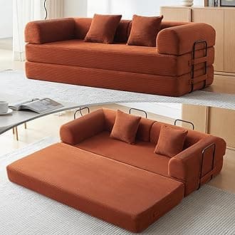 Convertible Sleeper Sofa with 2 Cylindrical Pillow, Modern Corduroy Futon Bed, Modular Sofa with Pull-Out Bed, Love Seat Sleeper for Living Room, Small Space Apartment, Office (Orange)