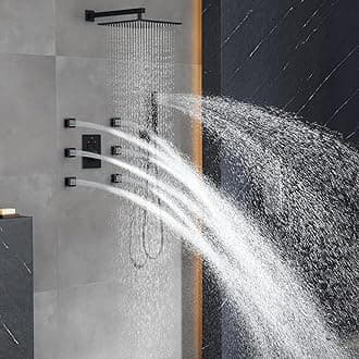 Luxury Thermostatic Rain Shower System with 6 Body Shower Jets & 12-Inch Shower Head, Matte Black Wall Mount Shower Faucet Set Complete with Push Button Thermostatic Valve & Shower Handheld…