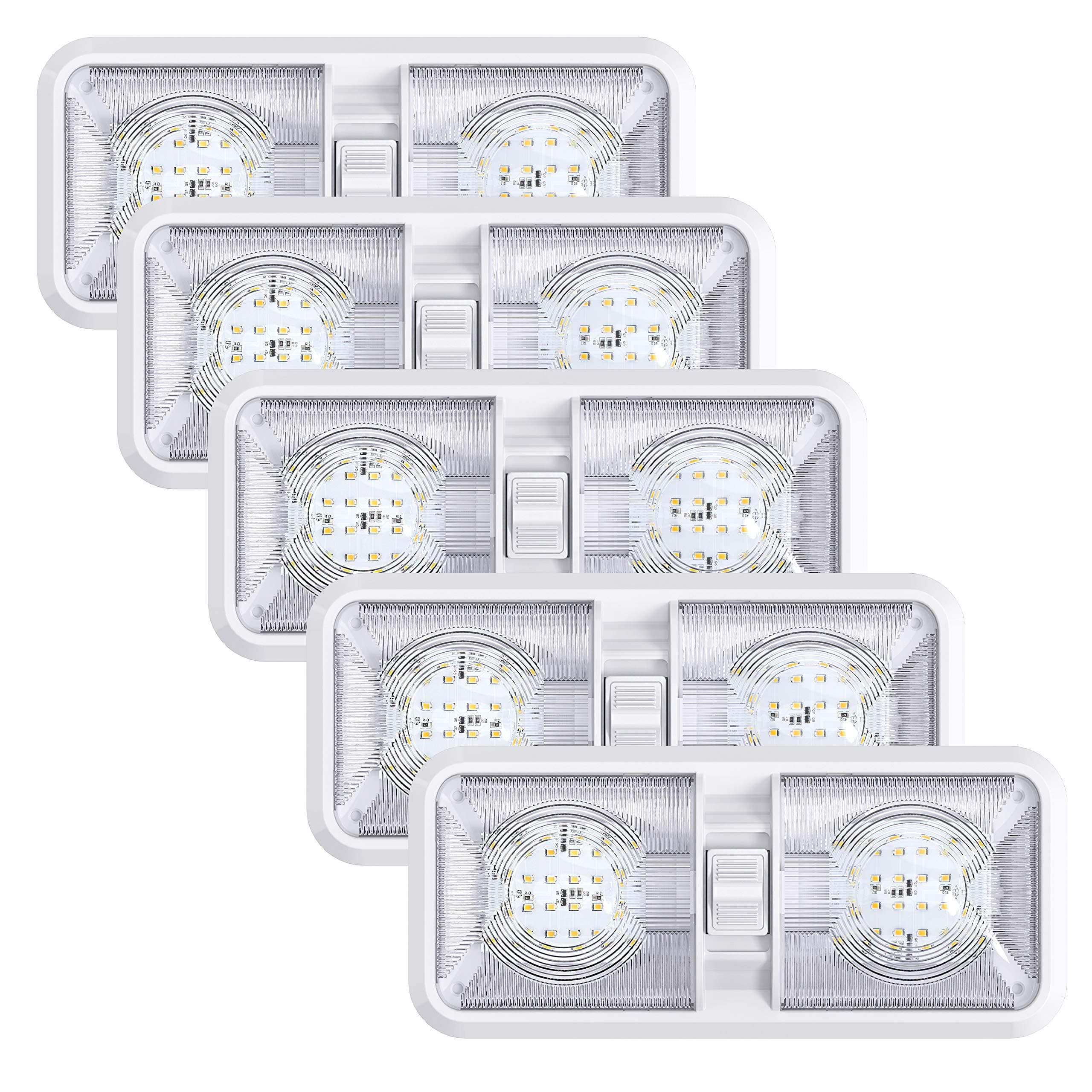 Leisure LED 5 Pack RV LED Ceiling Double Dome Light Fixture ON/OFF Switch Interior Lighting for Car/RV/Trailer/Camper/Boat DC 11-18V Natural White 4000-4500K 48X2835SMD (Natural White 4000-4500K, 5)