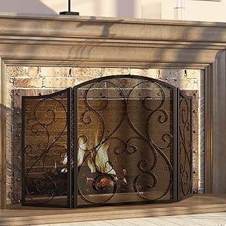 Fire Beauty Fireplace Screen 3 Panel Wrought Iron Metal 48"(L) x30(H) Spark Guard Cover(Sanded Black)