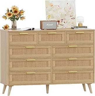 Rovaurx 9 Drawers Dresser for Bedroom, Boho Chest of Drawers with Metal Handles, Wooden Storage Organizer with Rattan Drawers for Closet, Living Room, Hallway, Natural RDG009M