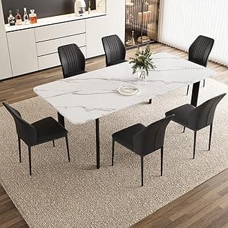 Extendable Dining Table Set for 6-8 People, 63 to 78.7 Inch MDF Kitchen Table with 6 Upholstered Chairs, Space-Saving for Dining Room, Breakfast Nook(White Table & 6 Black Chairs)
